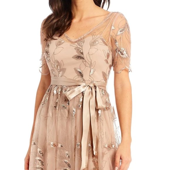 Adrianna Papell Embroidered Knit Long Ball Gown w/ Elbow Sleeves Brand NWT - Picture 4 of 11